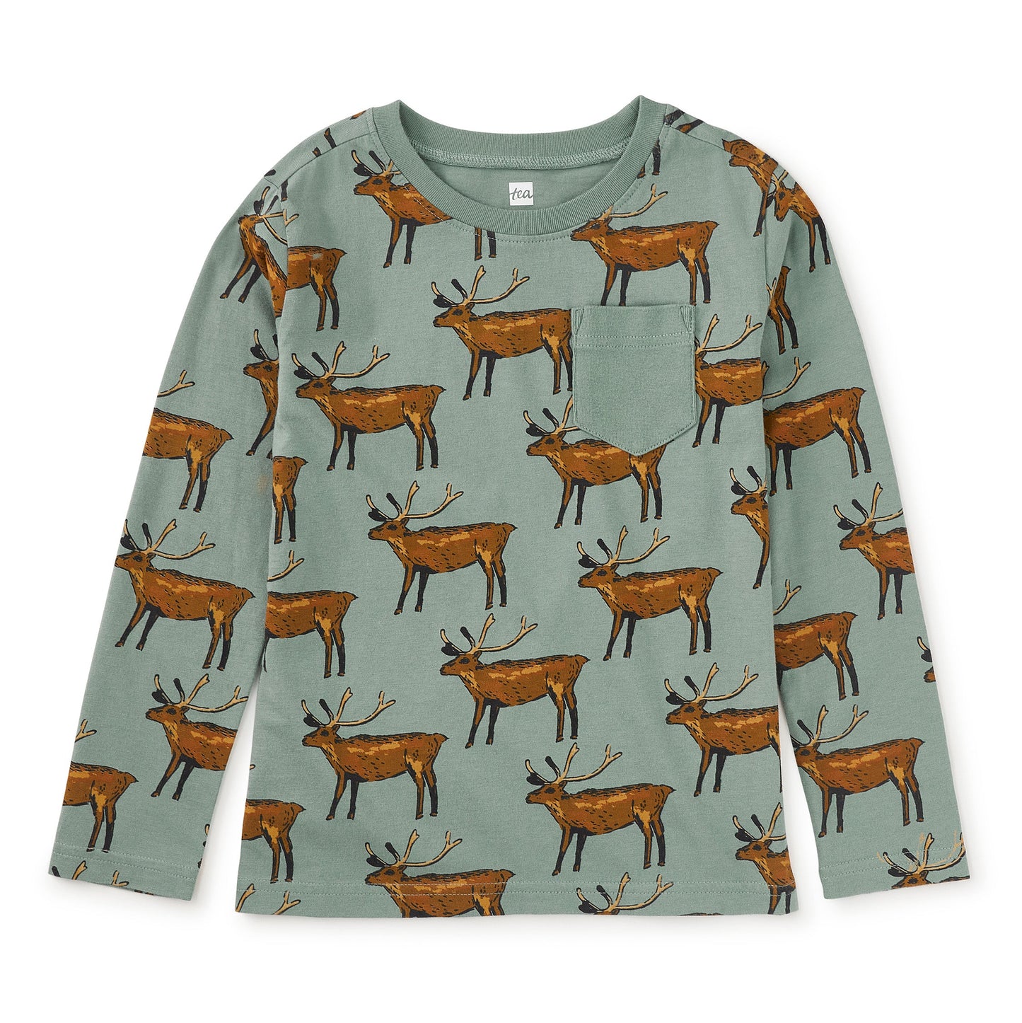 Long-sleeve shirt with deer pattern on a light green background
