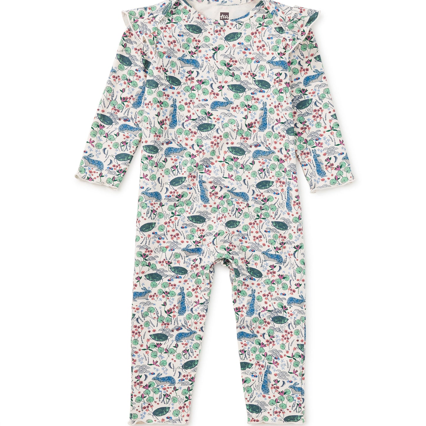 Children's onesie with a floral and whale pattern on a white background