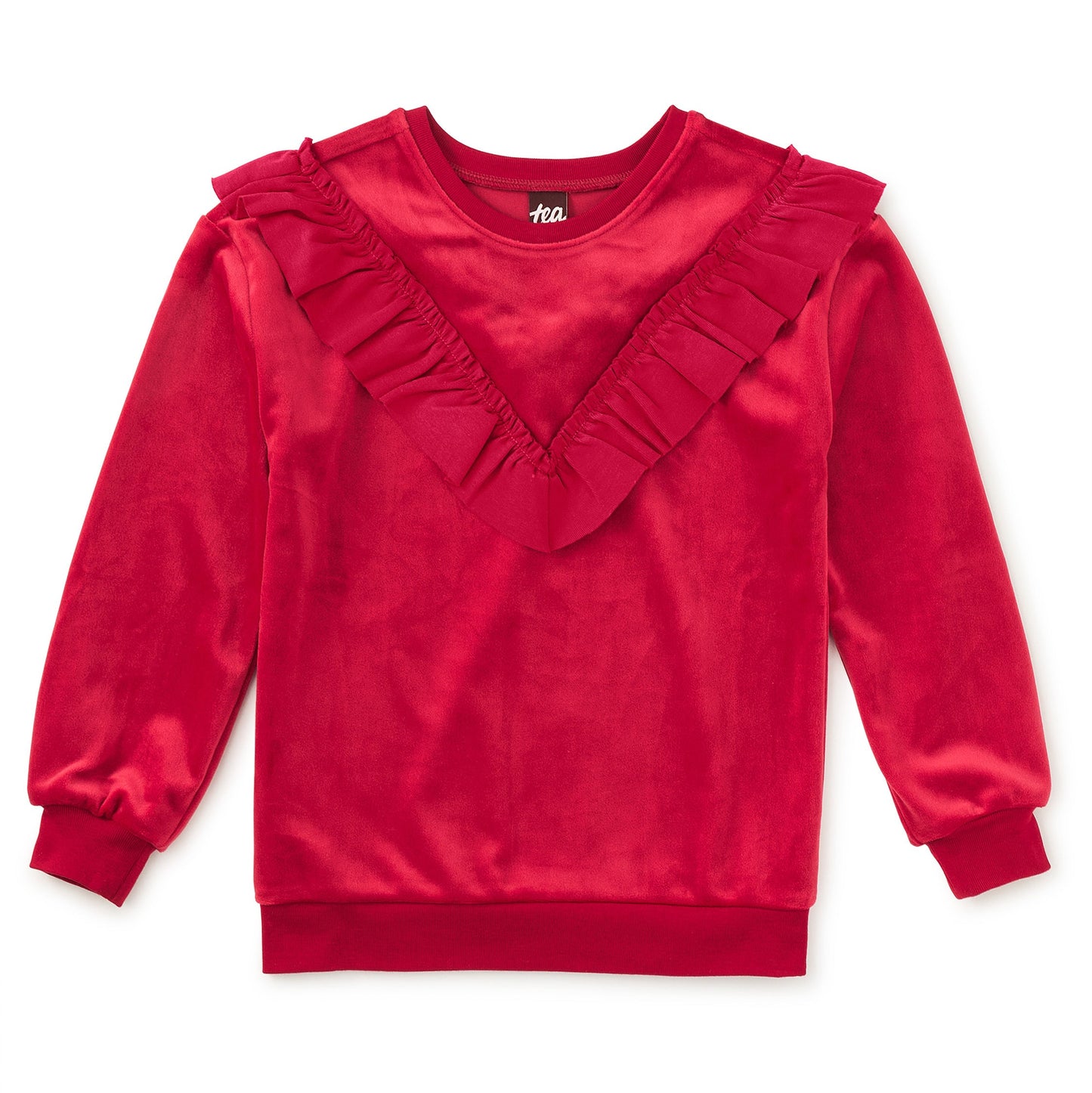 Red sweatshirt with ruffled details on a white background