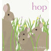 Book cover with illustrations of rabbits in grass and flowers, featuring the word 'hop' and author Jorey Hurley.