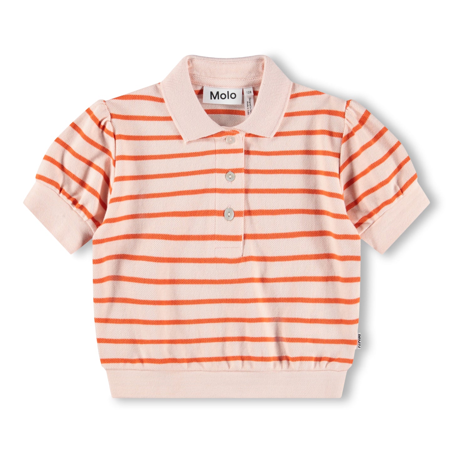 Children's striped polo shirt with pink collar on a white background