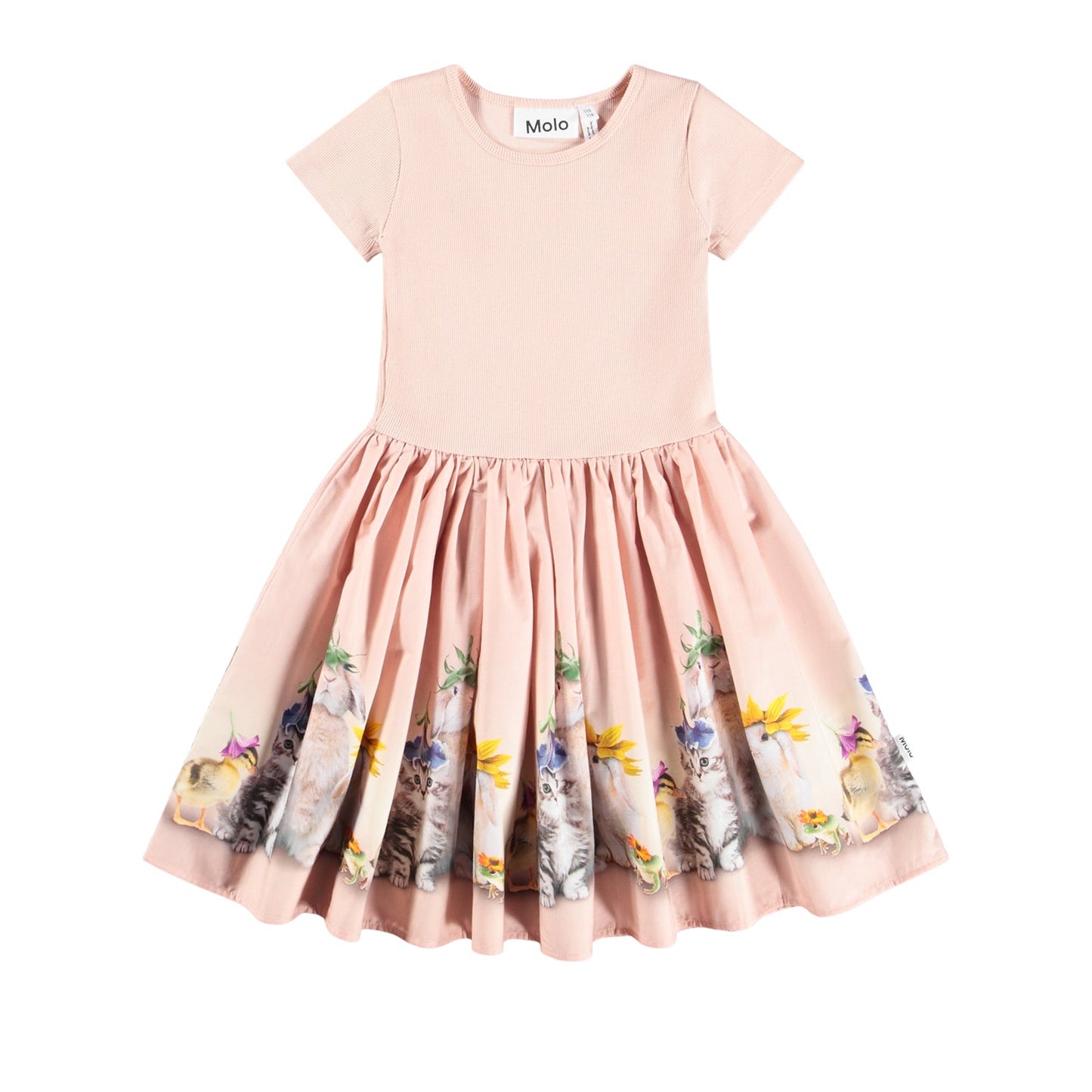 Pink dress with floral skirt on a white background