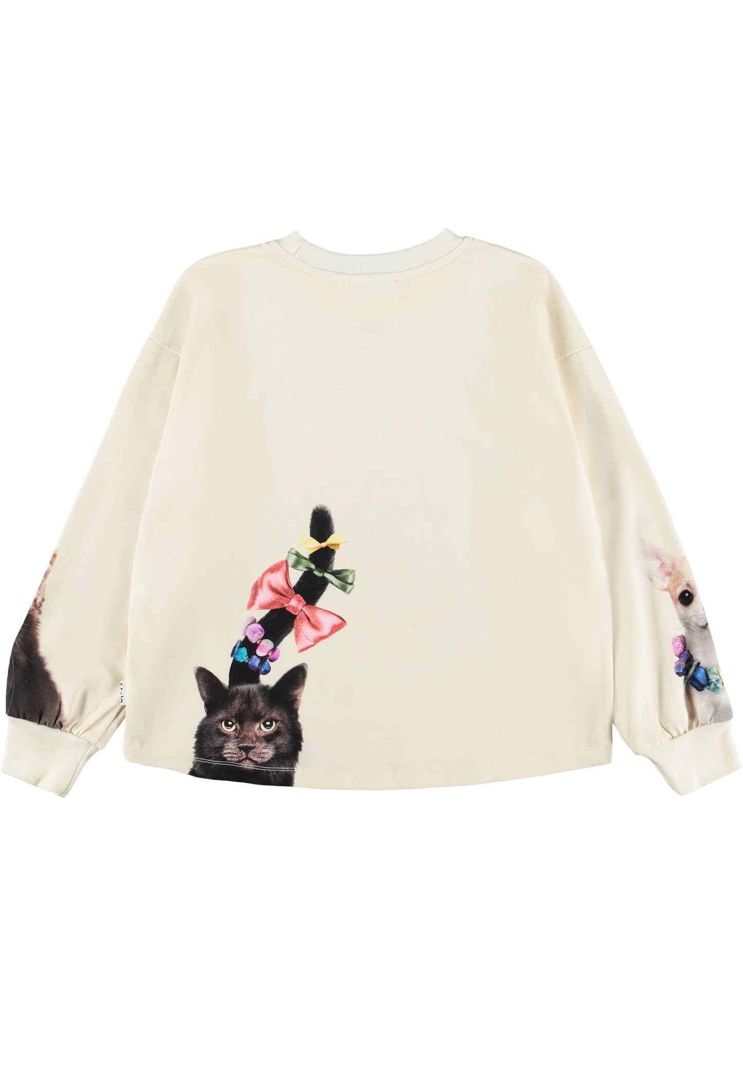 Beige sweatshirt with a cat design and colorful bows on a white background
