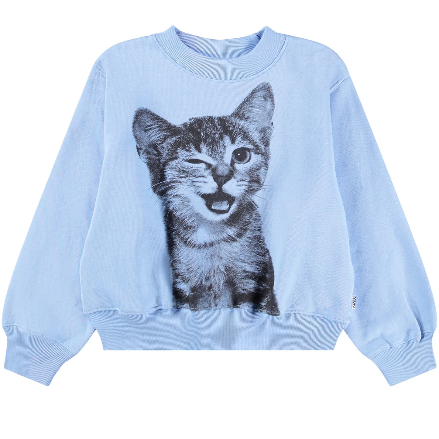 Light blue sweatshirt with a cat graphic on a white background