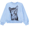 Light blue sweatshirt with a cat graphic on a white background