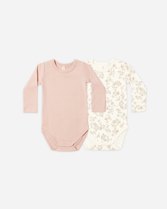 2 Pack Bodysuit Floral Vine and Dusty Rose flat lay - Quincy Mae organic cotton bodysuits