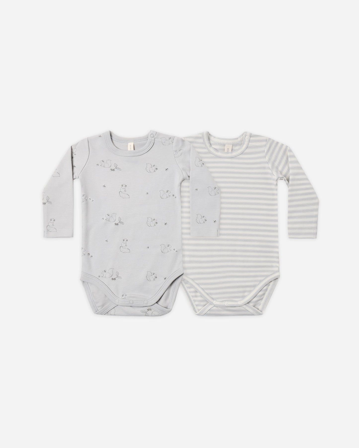 2 Pack Bodysuit Squirrel and Cloud Stripe flat lay - Quincy Mae organic cotton bodysuits