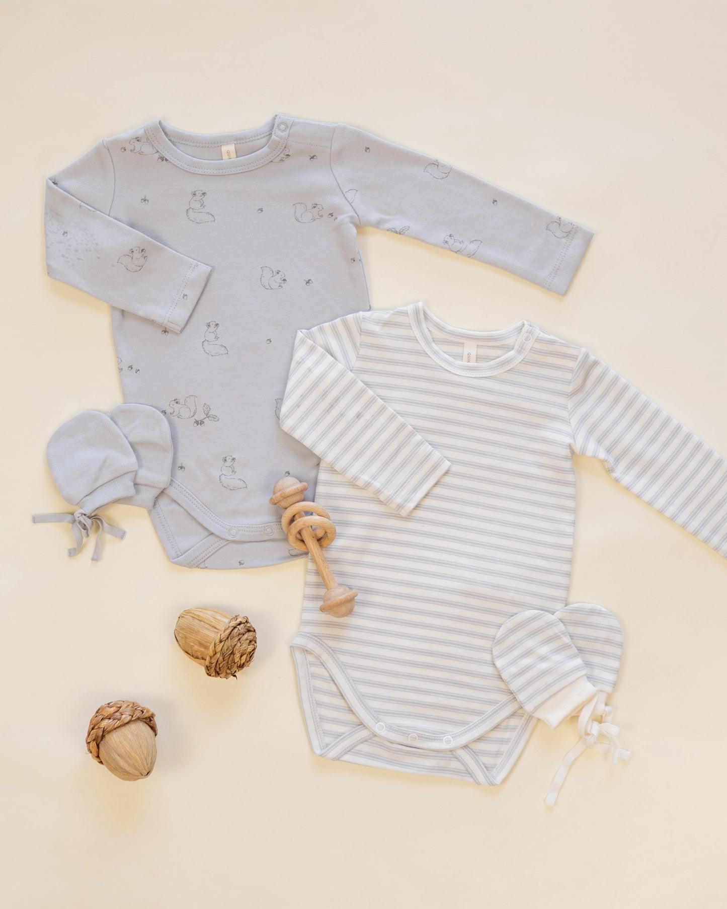 2 Pack Bodysuit Squirrel and Cloud Stripe styled flat lay