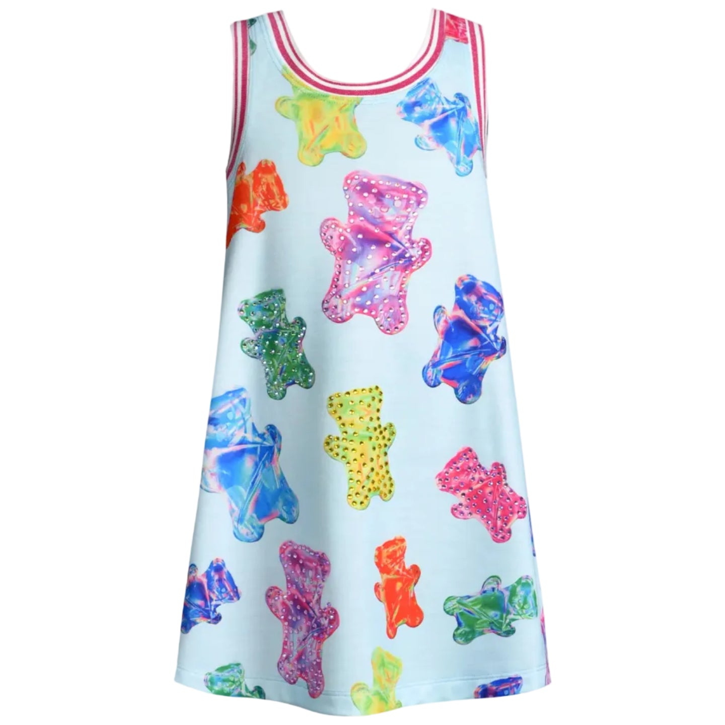 Dress with colorful bear pattern on a white background