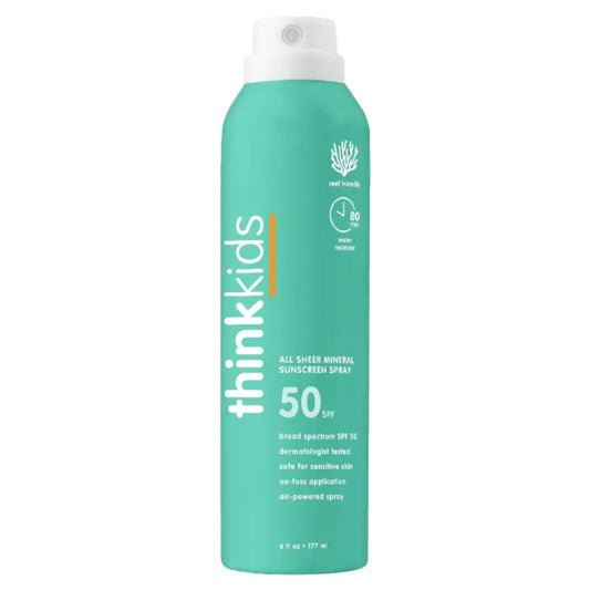 Think Kids sunscreen spray bottle on a white background