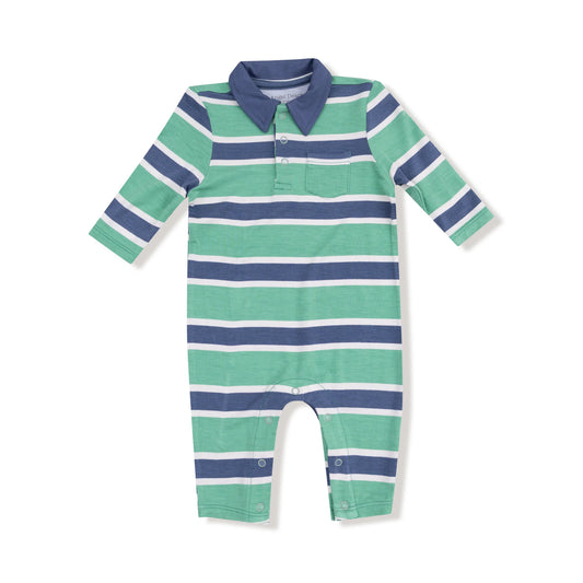 Green and blue striped baby romper on a white background