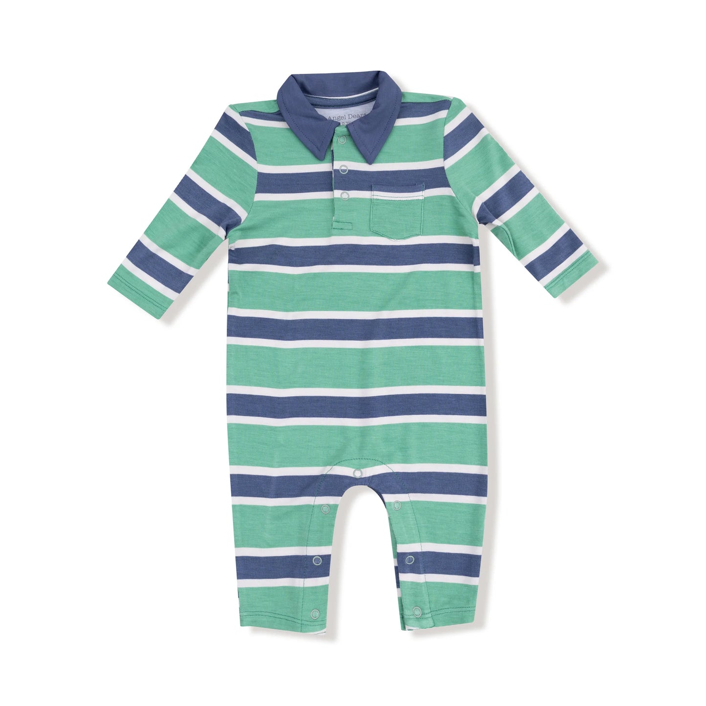 Green and blue striped baby romper on a white background