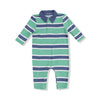 Green and blue striped baby romper on a white background
