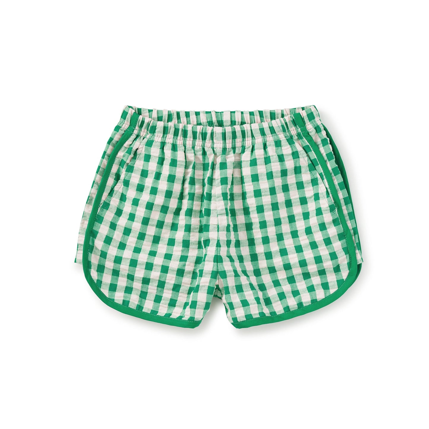 Green and white checkered shorts on a white background