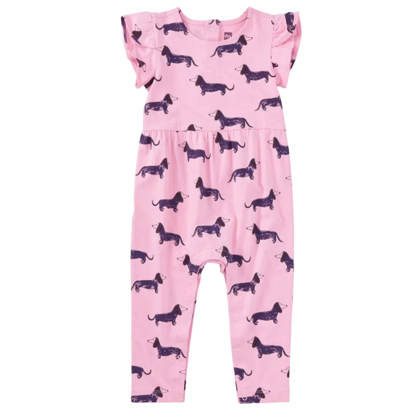 Pink short sleeve romper with dachshund print