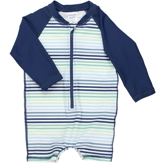 Children's swimsuit with long-sleeve navy top and striped body on a white background