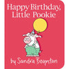 Book cover of 'Happy Birthday, Little Pookie' with a cartoon pig holding a yellow balloon on a red background.