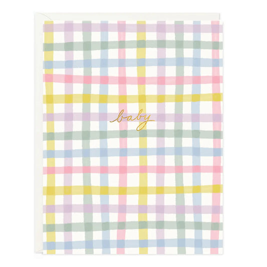 New baby card with a pastel gingham pattern and gold foil script