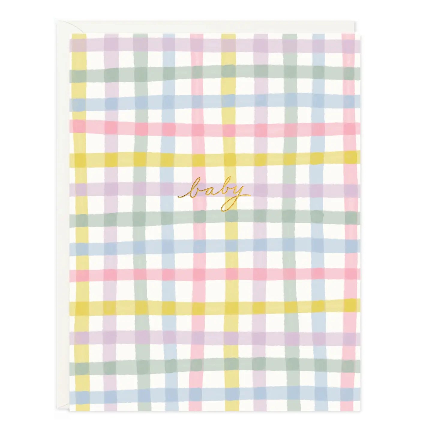 New baby card with a pastel gingham pattern and gold foil script