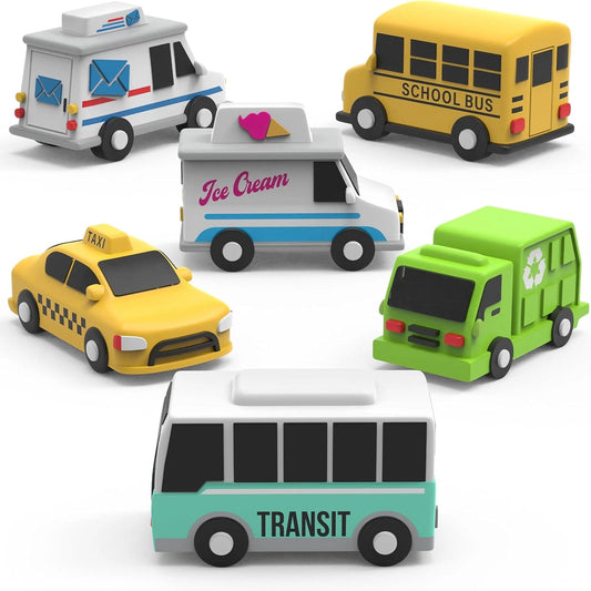 Set of toy vehicles including a taxi, ice cream truck, school bus, and transit bus on a white background.