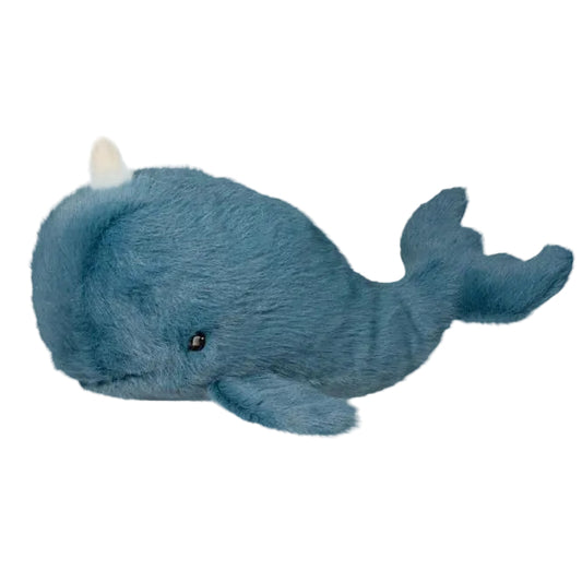Blue plush whale toy on a white background