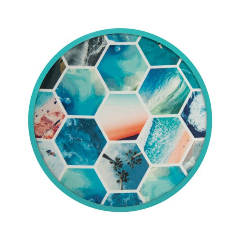 Round decorative plate with hexagonal mosaic design featuring beach scenes on a white background