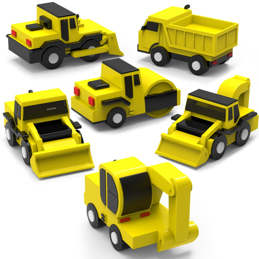 Set of yellow toy construction vehicles on a white background