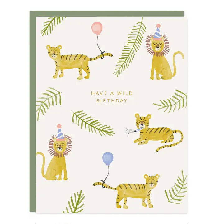 Birthday card with illustrated lions and tigers wearing party hats, gold foil accent