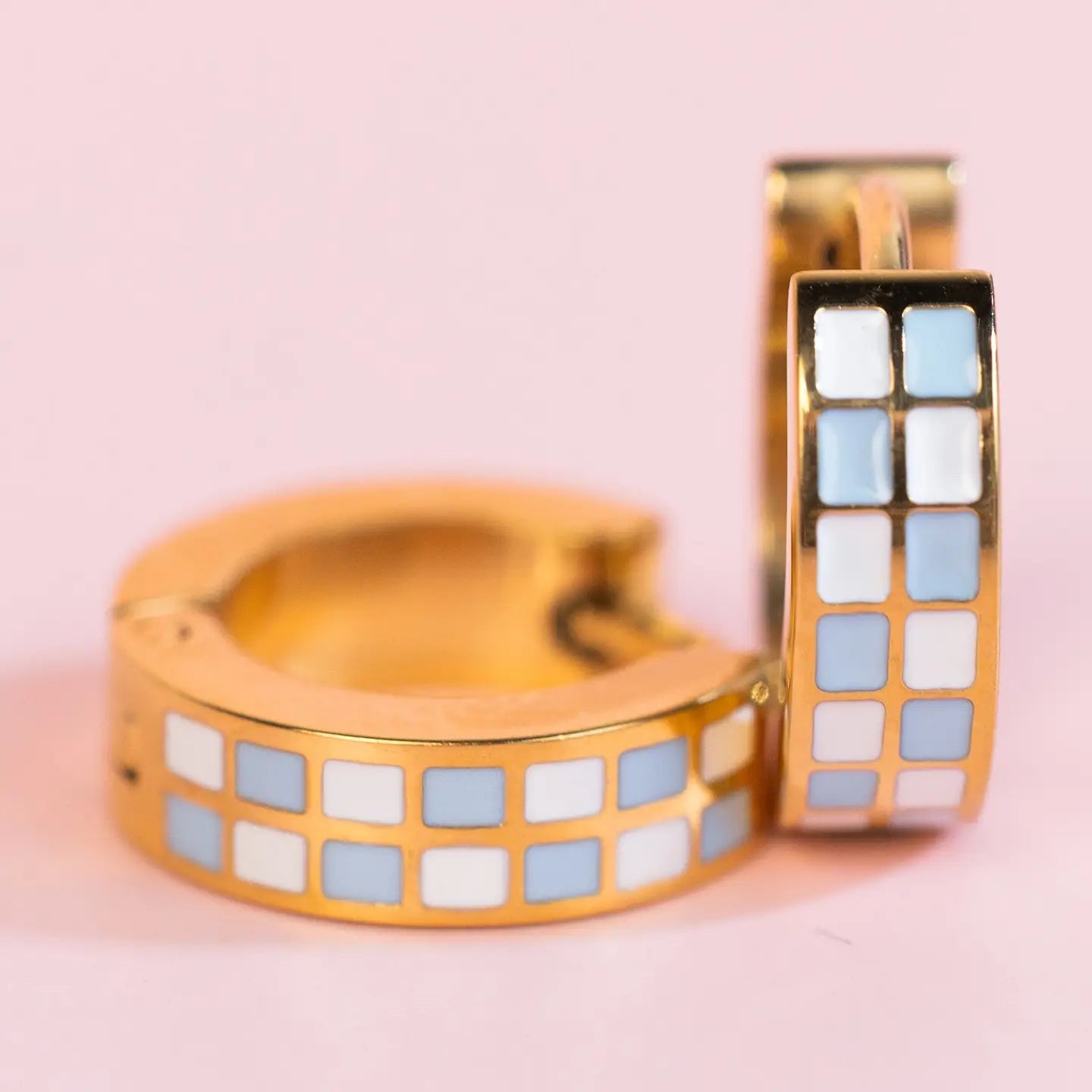 Baby Blue Checkered Huggies Earrings