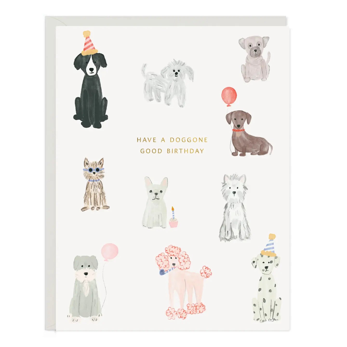 Birthday card with illustrated party pups, gold foil lettering