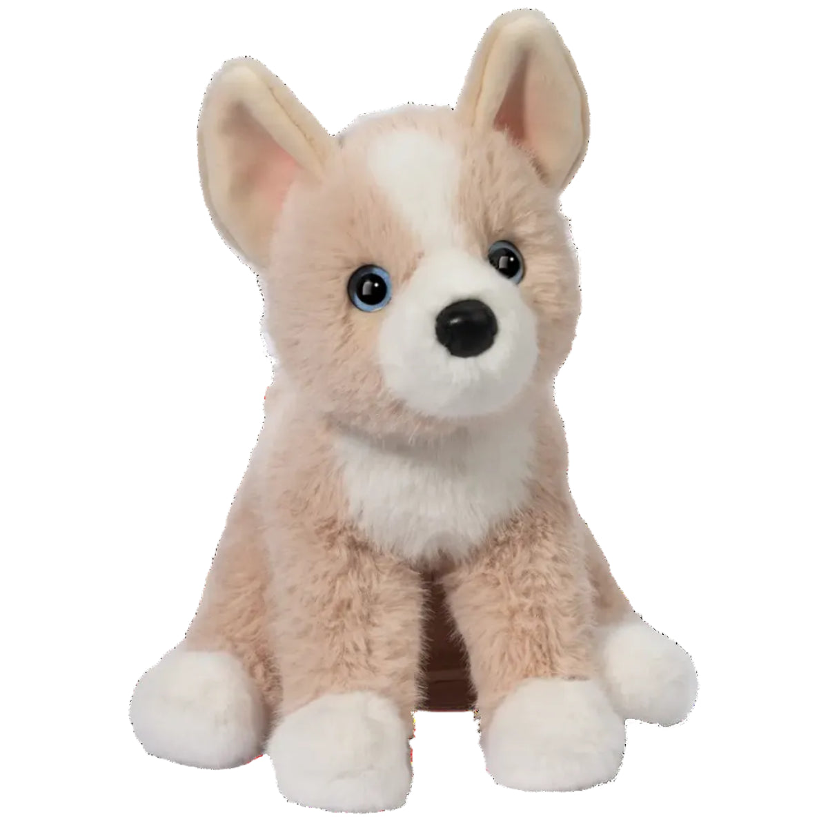 Plush toy dog with a white and brown color scheme on a white background