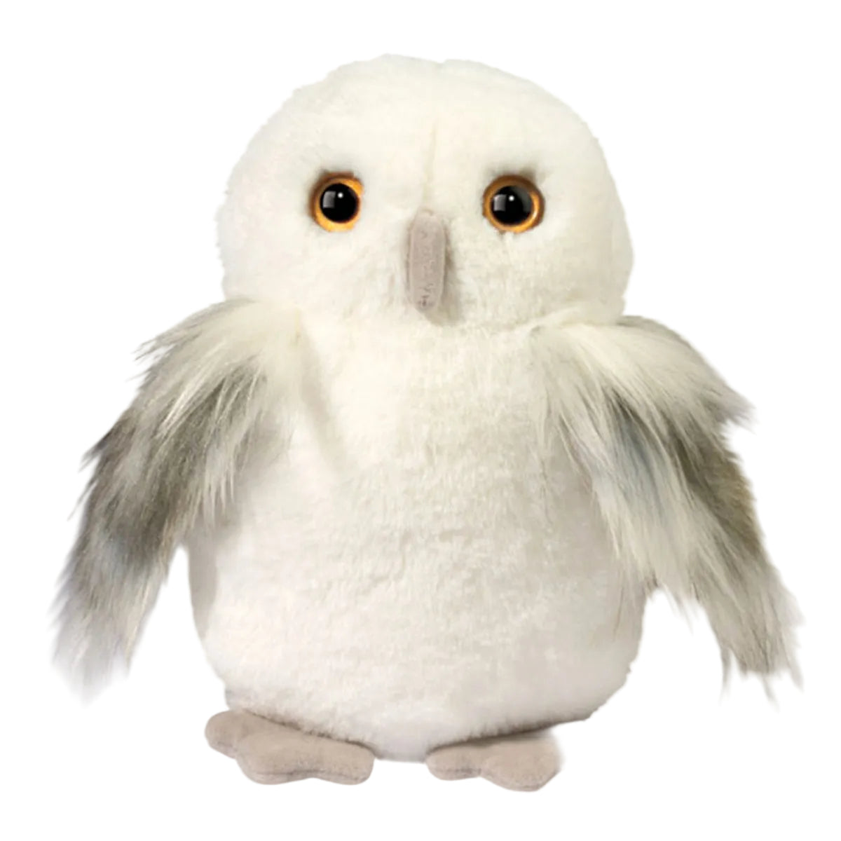 Plush owl toy with white fur and gray accents on a white background