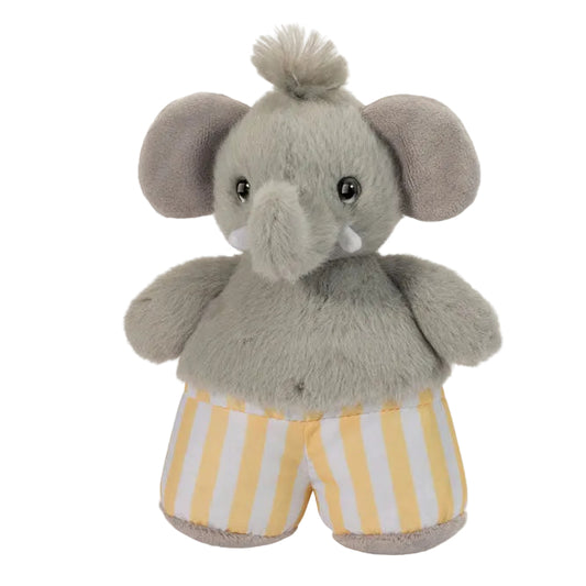 Plush elephant toy wearing yellow and white striped shorts on a white background