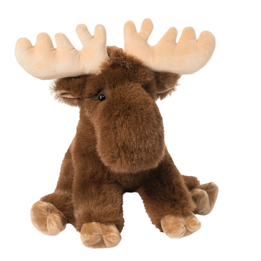 Plush moose toy with large antlers on a white background