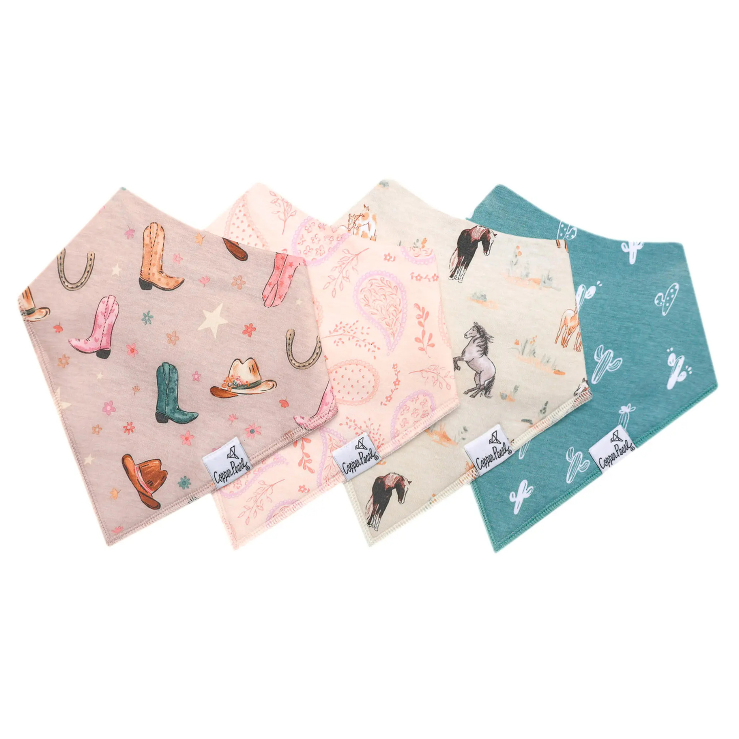 Four baby bandana bibs with western prints on white background