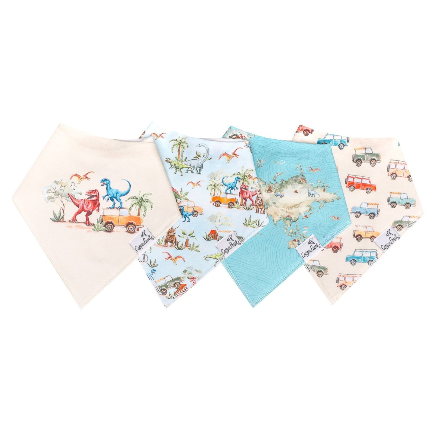 Four baby bandana bibs featuring dinosaurs, vehicles, and map prints