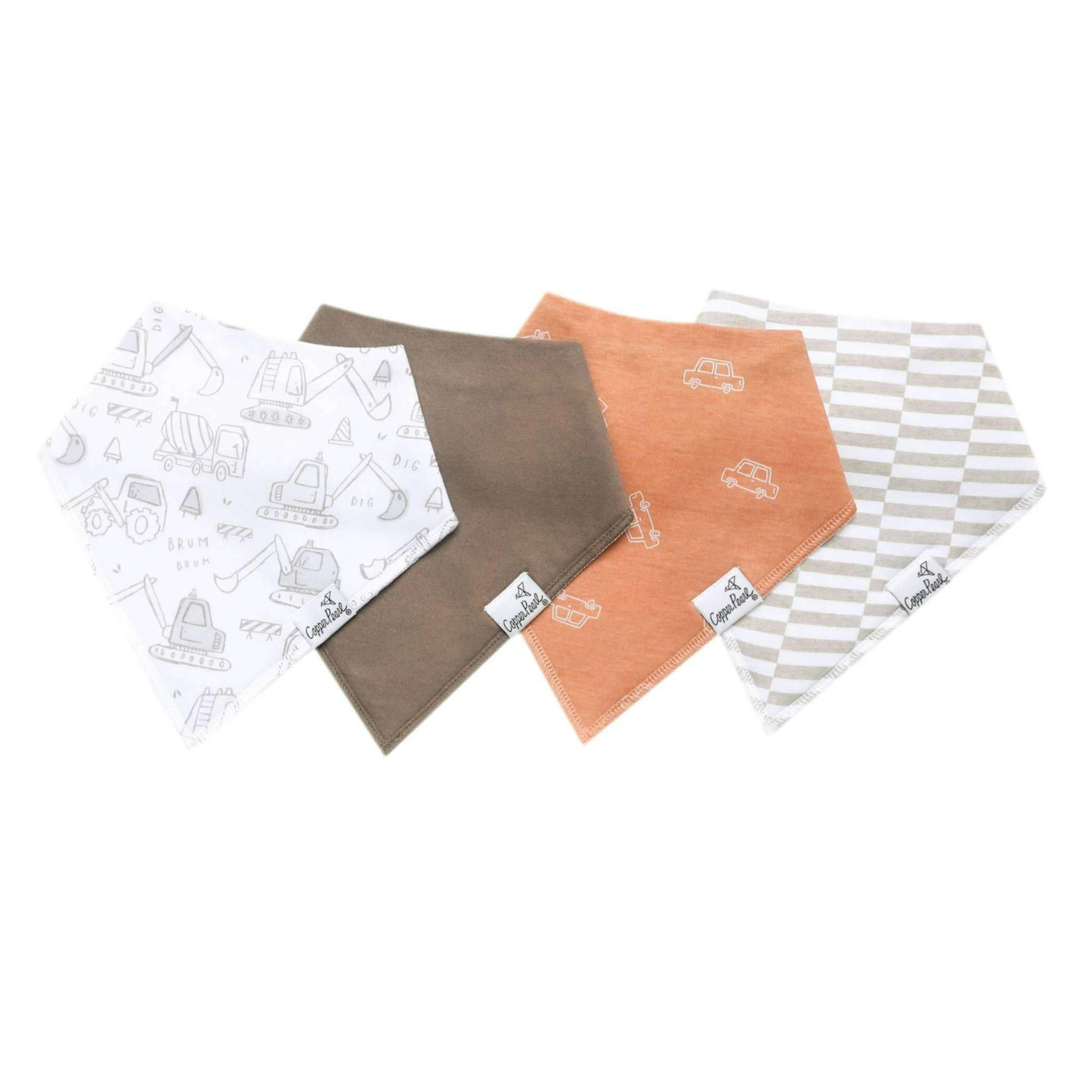 Four baby bandana bibs with assorted prints on white