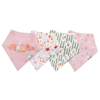 Four baby bandana bibs with floral, duck, and chicken prints