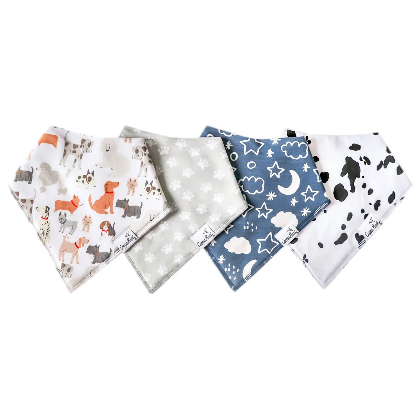 Four baby bibs with dog, paw, star, and spotted prints