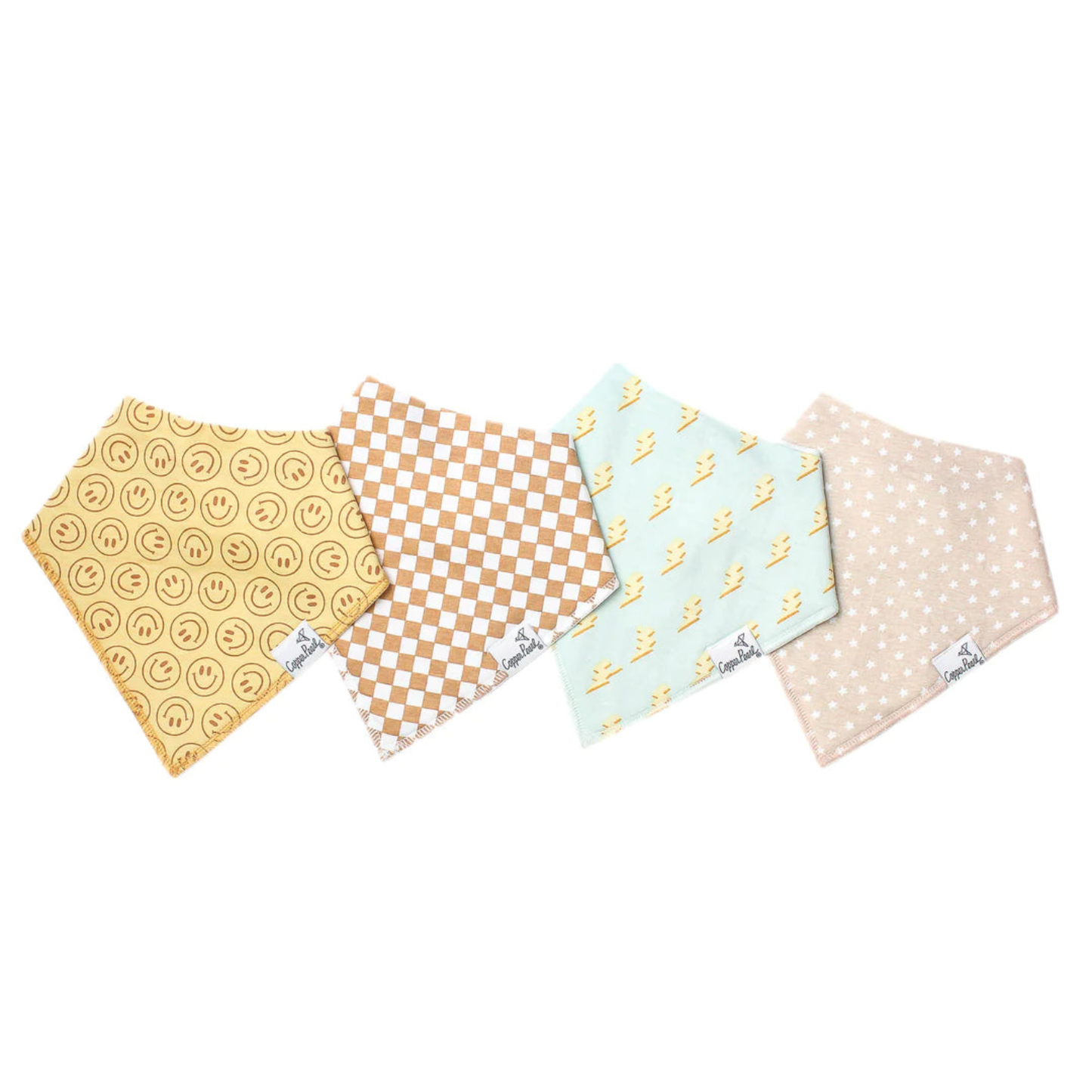 Four baby bibs with smiley, checkered, lightning, and star prints
