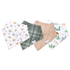 Four patterned baby bandana bibs on white background