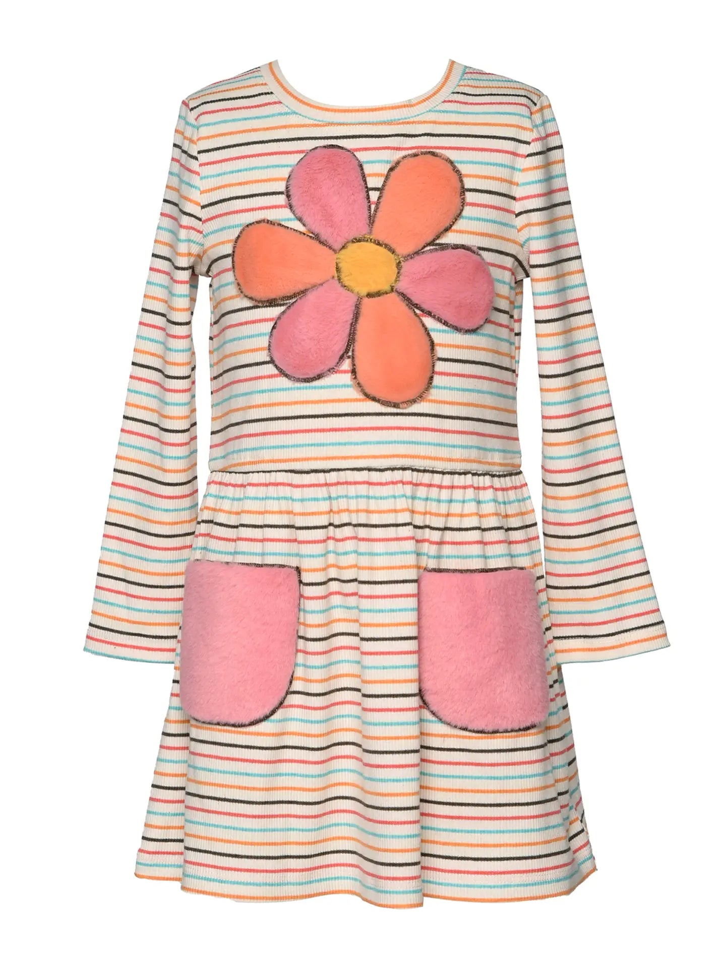 Stripe Fuzzy Flower Dress