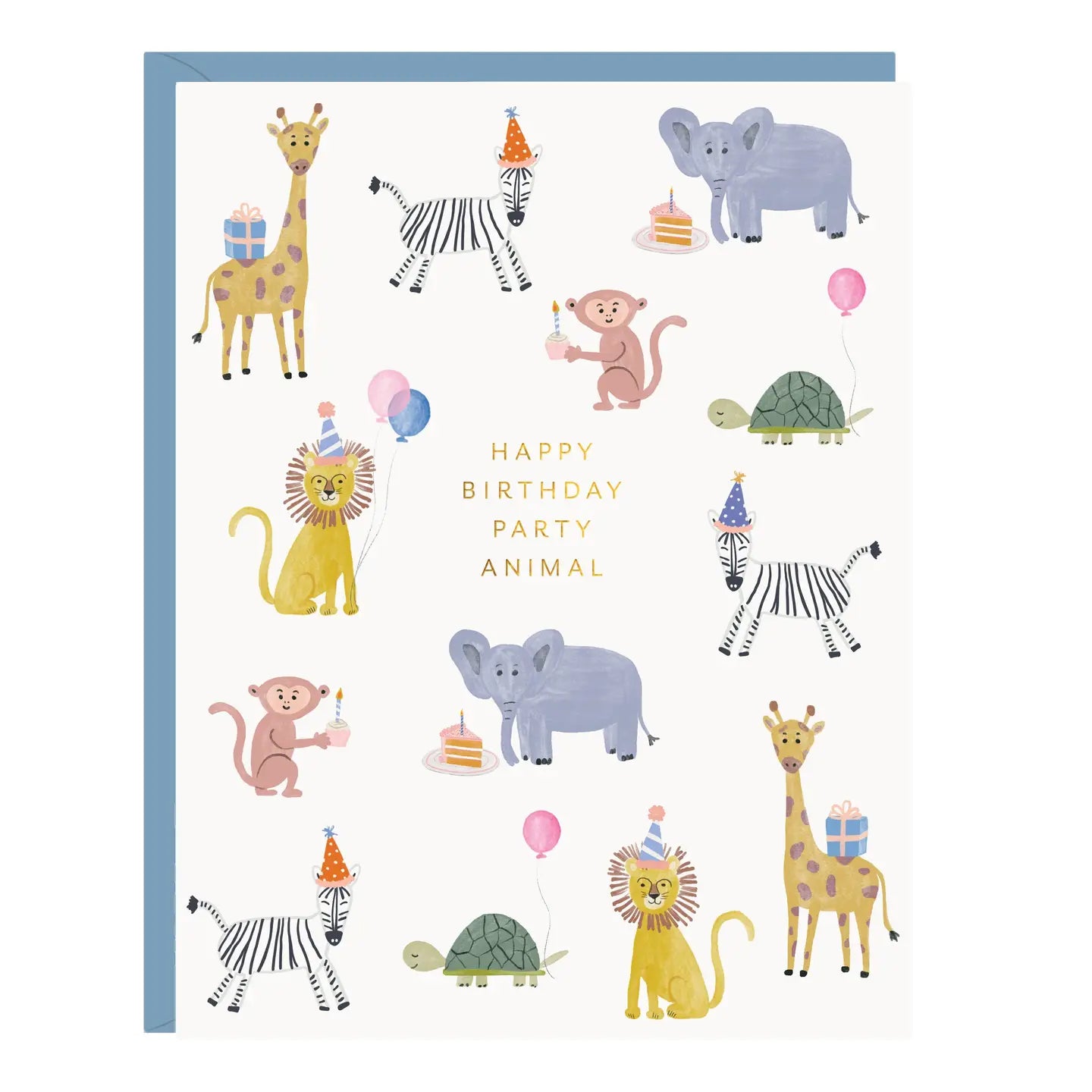 Birthday card with illustrated lions, giraffes, and safari animals in party hats, gold foil lettering