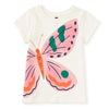 White t-shirt with a pink butterfly design on a white background