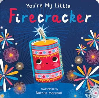 Children's book cover with a firecracker illustration and colorful fireworks on a blue background.