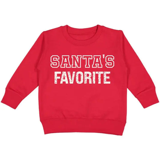 Red sweatshirt with 'Santa's Favorite' text on a white background