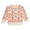 Christmas-themed sweater with ribbons, trees, and gingerbread men on a white background