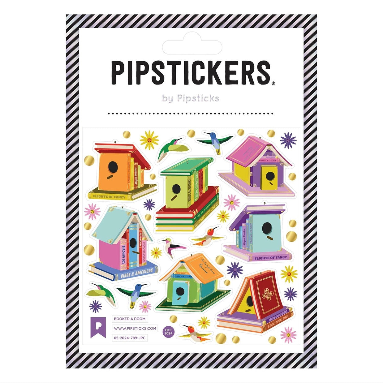 Packaging of Pipstickers with colorful birdhouse designs on a white background