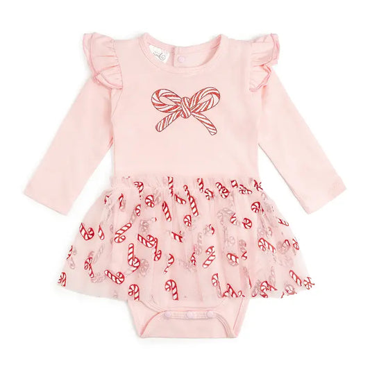 Pink baby bodysuit with red candy cane pattern on a white background