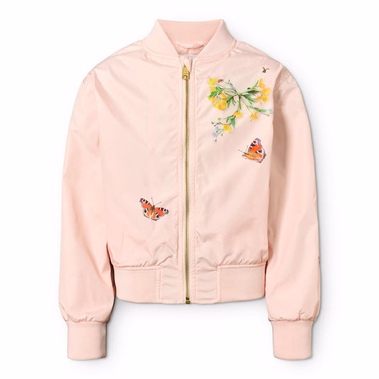Pink bomber jacket with butterfly and floral embroidery on a white background